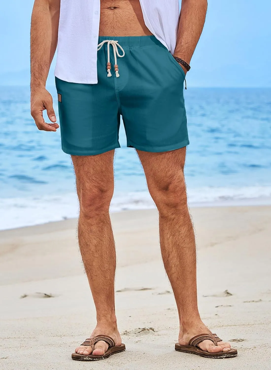 JMIERR Mens Casual 5"/ 7" Cotton Linen Shorts - Elastic Waist Drawstring Summer Beach Shorts with Pockets