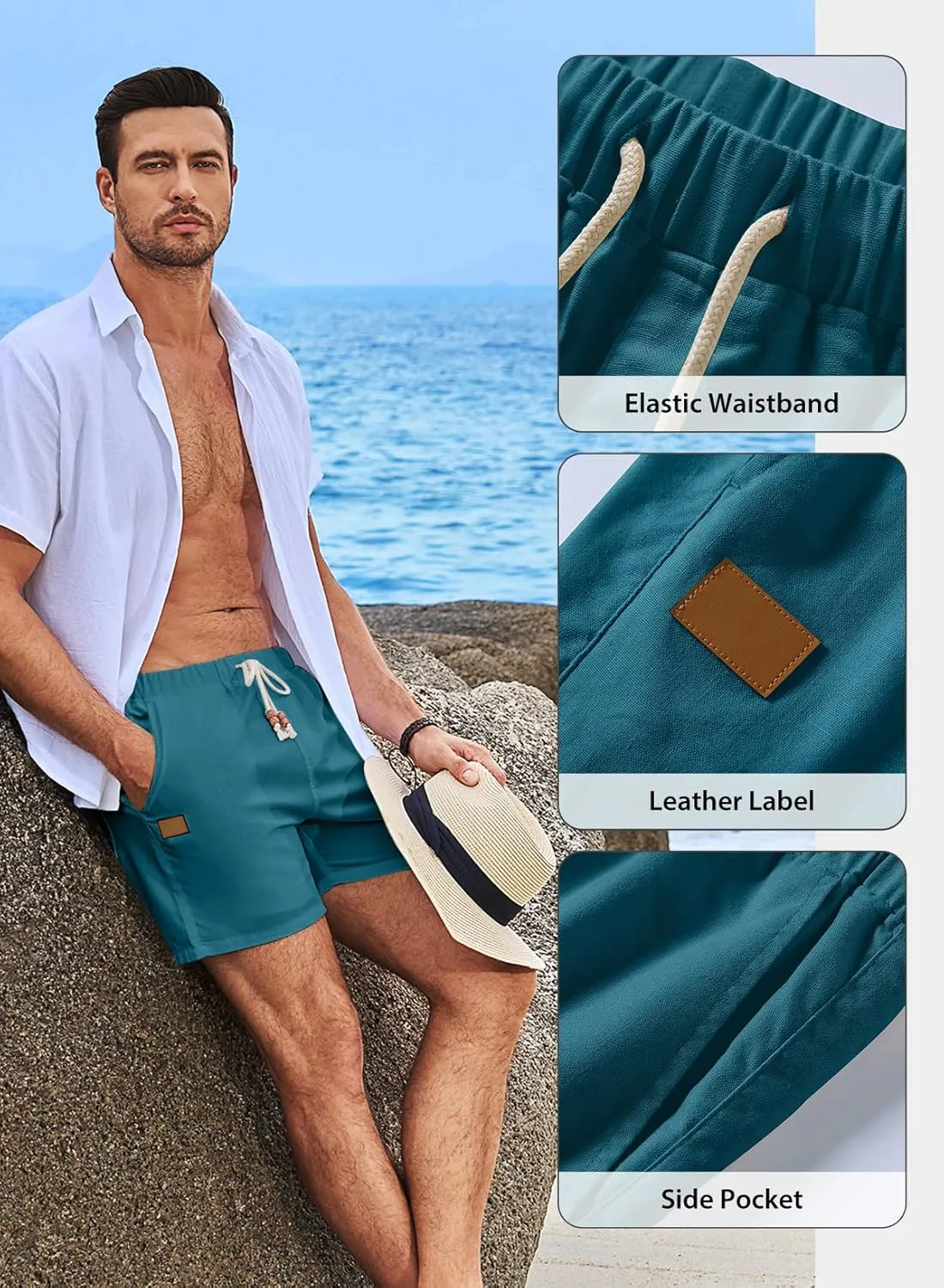 JMIERR Mens Casual 5"/ 7" Cotton Linen Shorts - Elastic Waist Drawstring Summer Beach Shorts with Pockets
