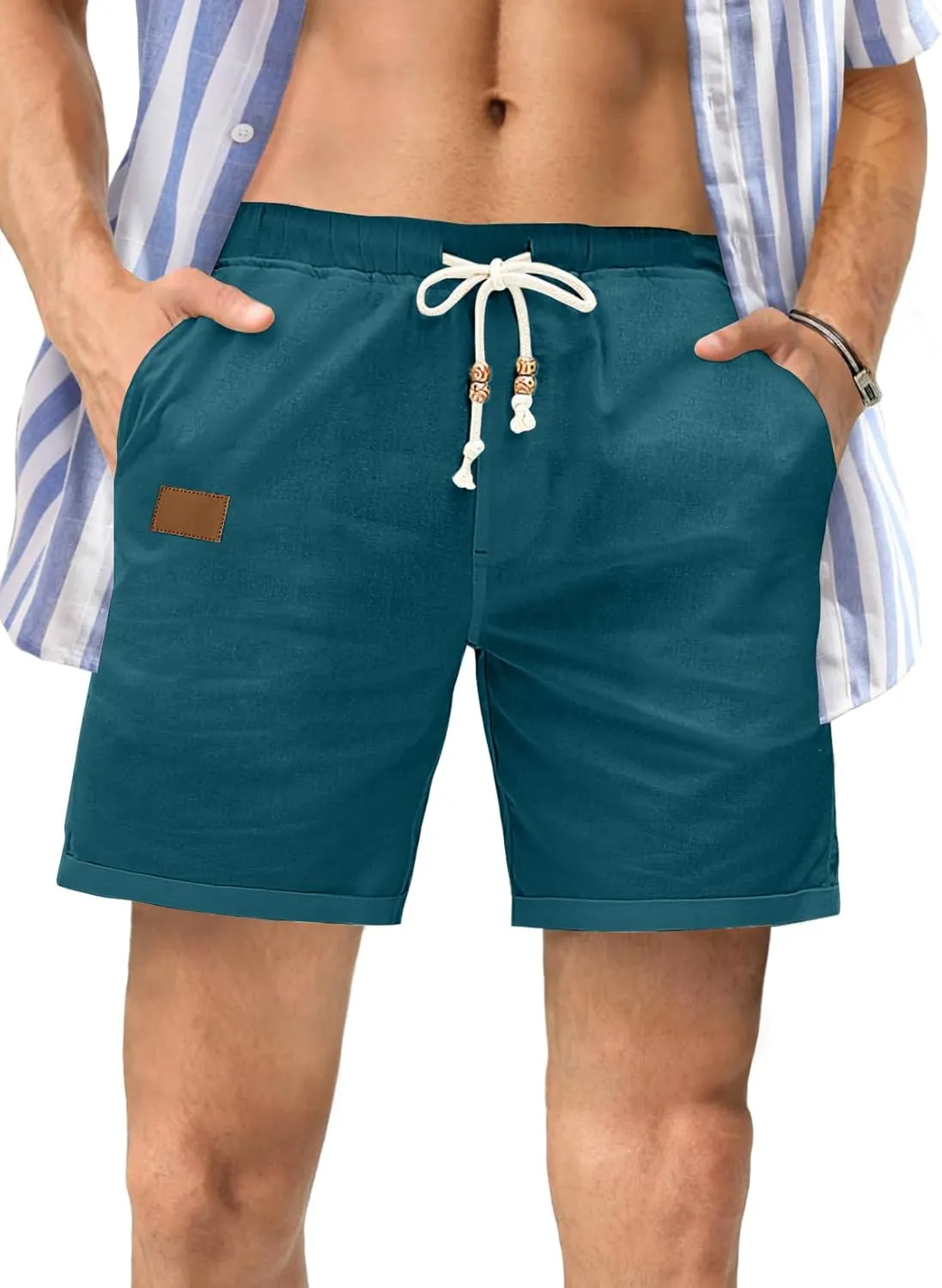 JMIERR Mens Casual 5"/ 7" Cotton Linen Shorts - Elastic Waist Drawstring Summer Beach Shorts with Pockets