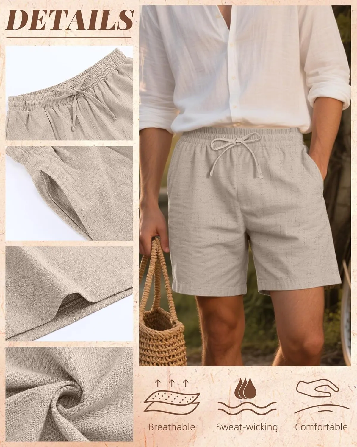 Neer 3 Pack Men's Cotton Linen Shorts Elastic Waist Drawstring Summer Casual Beach Shorts with Pockets
