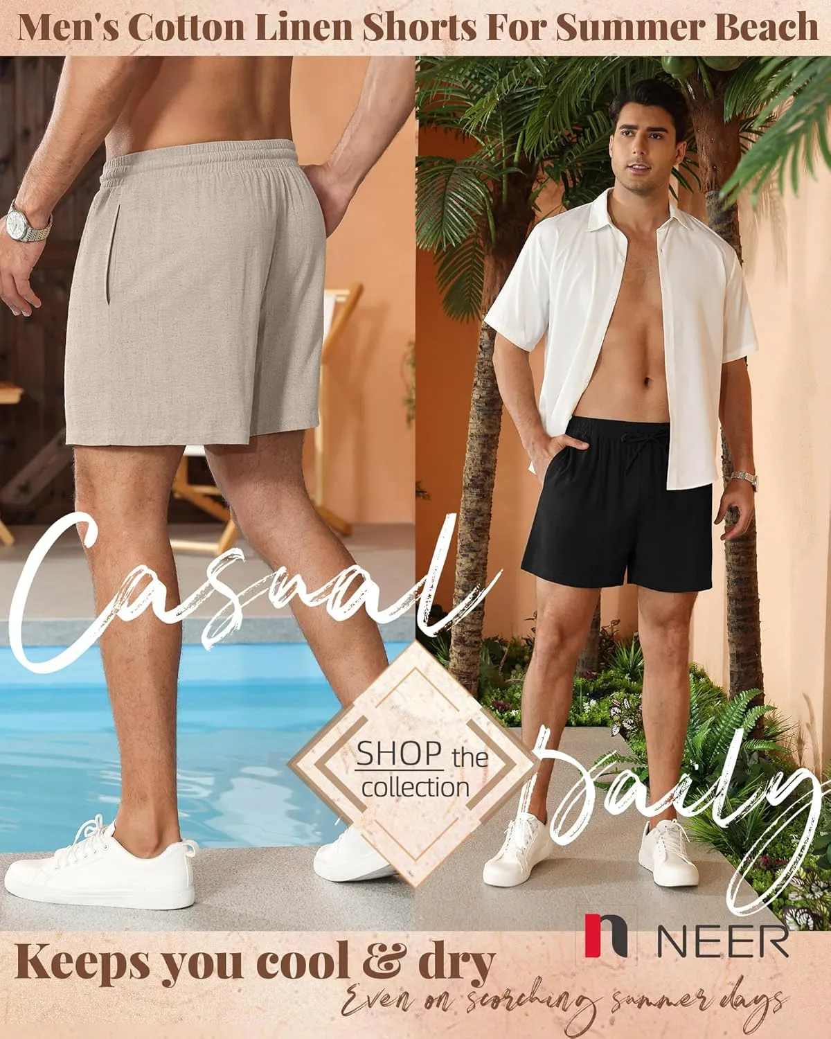Neer 3 Pack Men's Cotton Linen Shorts Elastic Waist Drawstring Summer Casual Beach Shorts with Pockets
