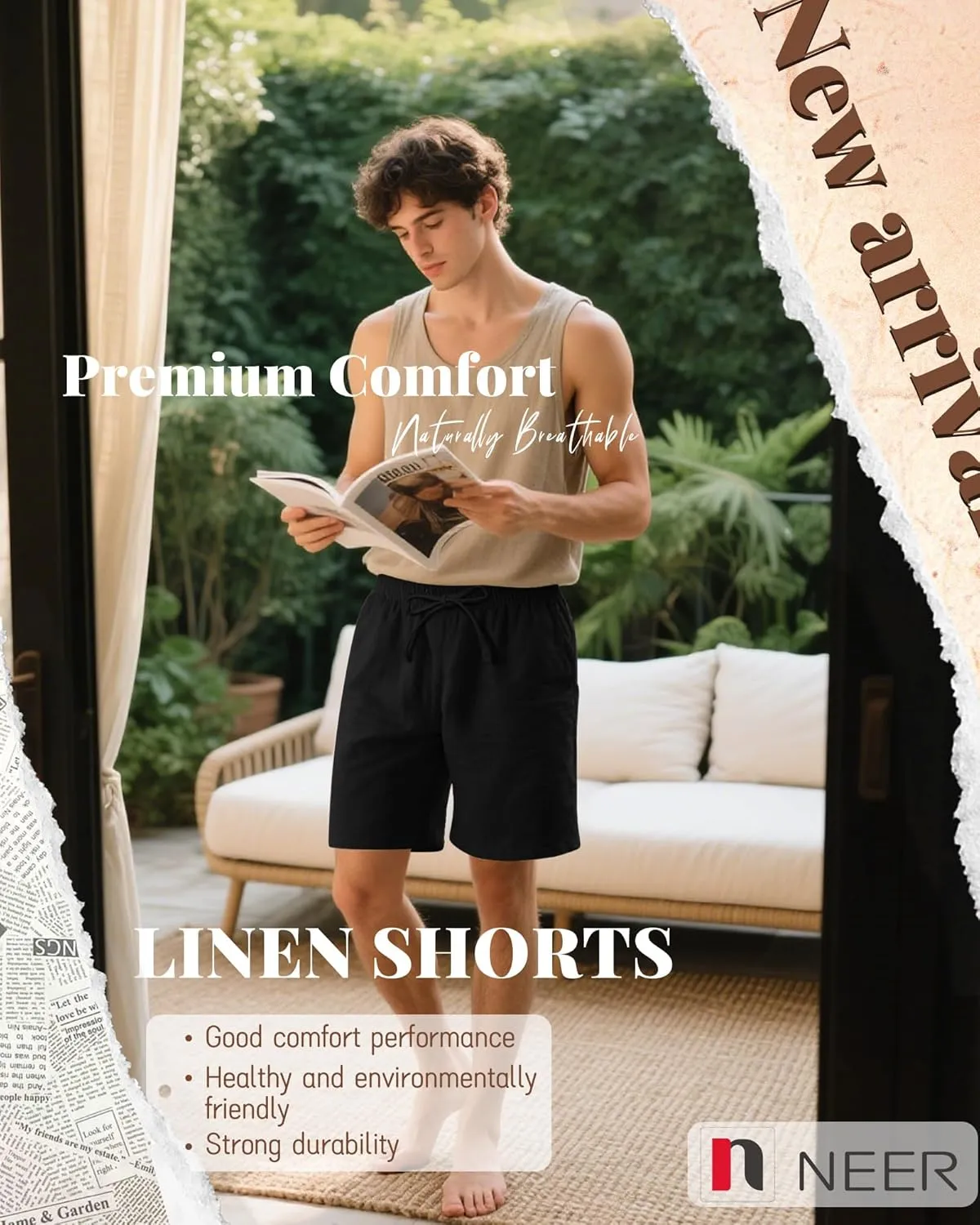 Neer 3 Pack Men's Cotton Linen Shorts Elastic Waist Drawstring Summer Casual Beach Shorts with Pockets