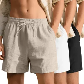Neer 3 Pack Men's Cotton Linen Shorts Elastic Waist Drawstring Summer Casual Beach Shorts with Pockets