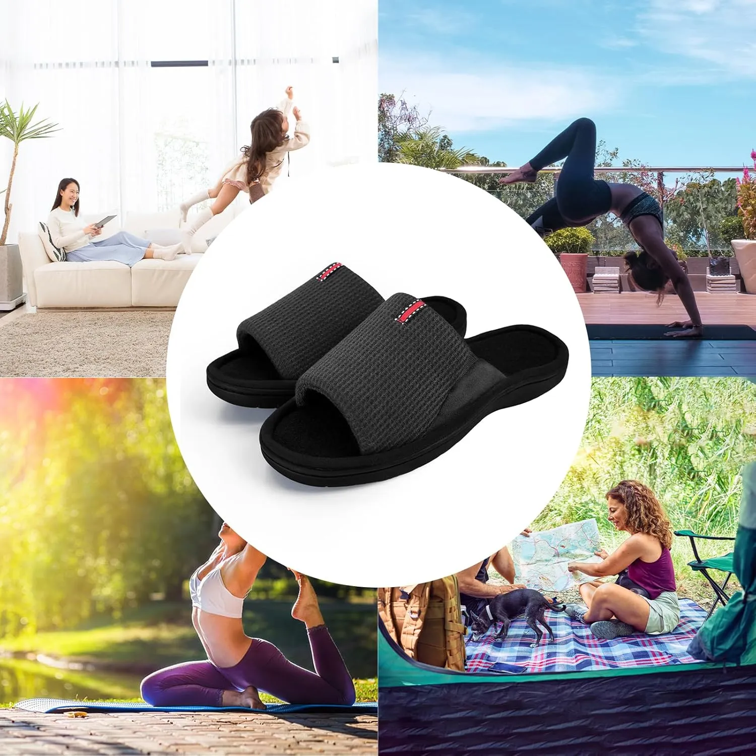 WALKFUN Lightweight House Slippers for Men Open Toe Soft Indoor Slip on Mens Slides Sandals with Memory Foam for Bedroom PatioAll Seasons