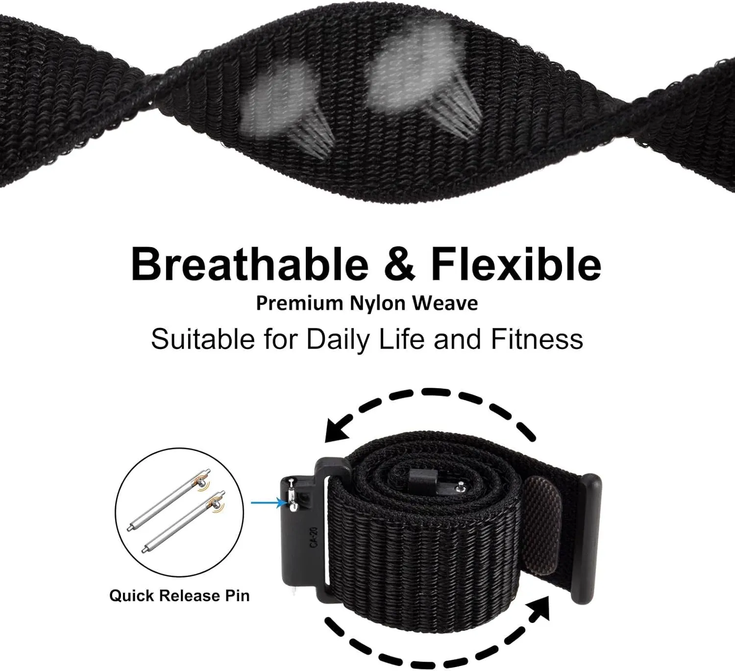 WOCCI 20mm Adjustable Nylon Watch Band, Quick Release Sport Loop Strap (Black)