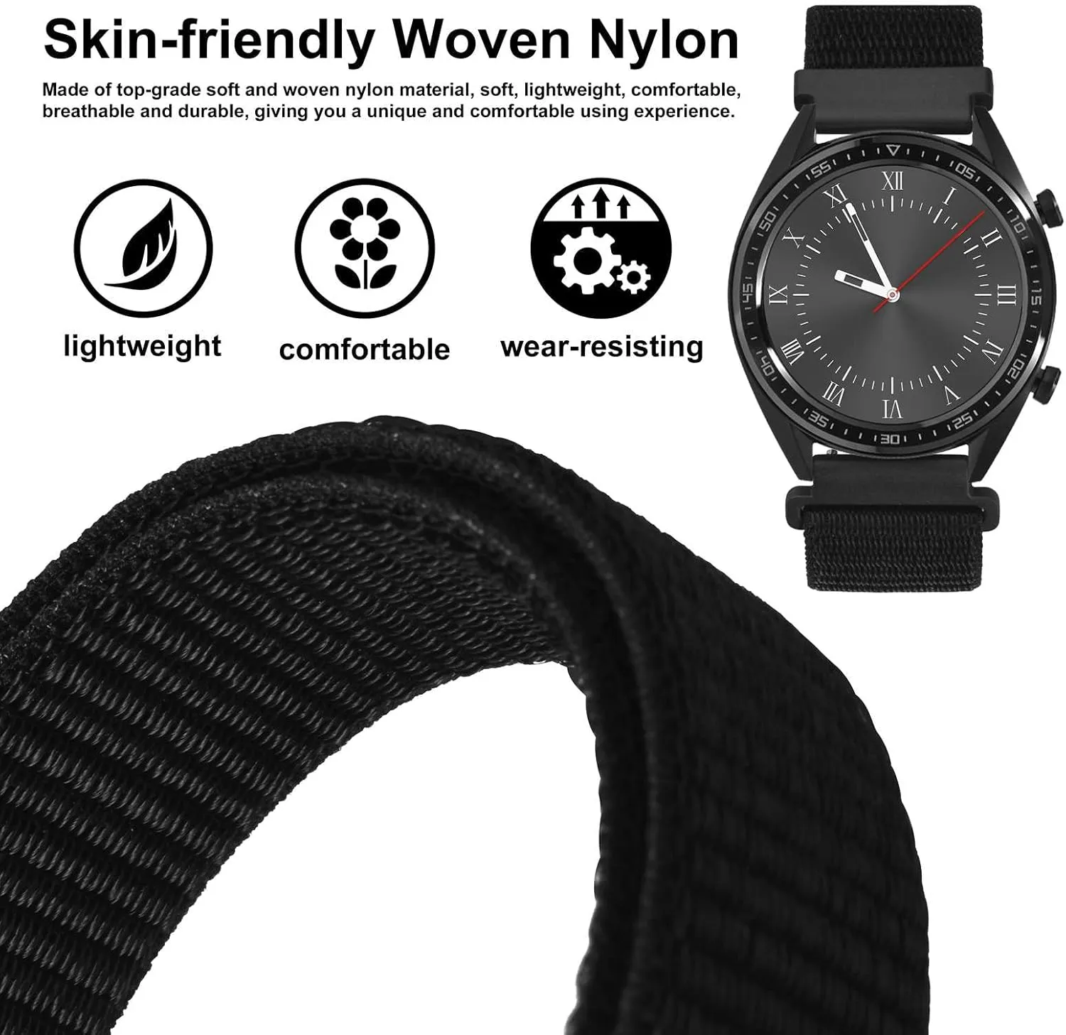 WOCCI 20mm Adjustable Nylon Watch Band, Quick Release Sport Loop Strap (Black)