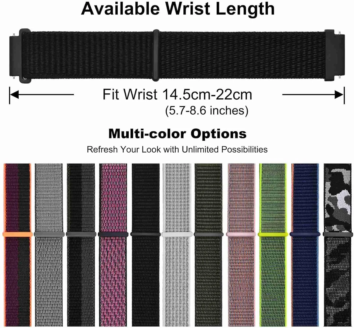 WOCCI 20mm Adjustable Nylon Watch Band, Quick Release Sport Loop Strap (Black)