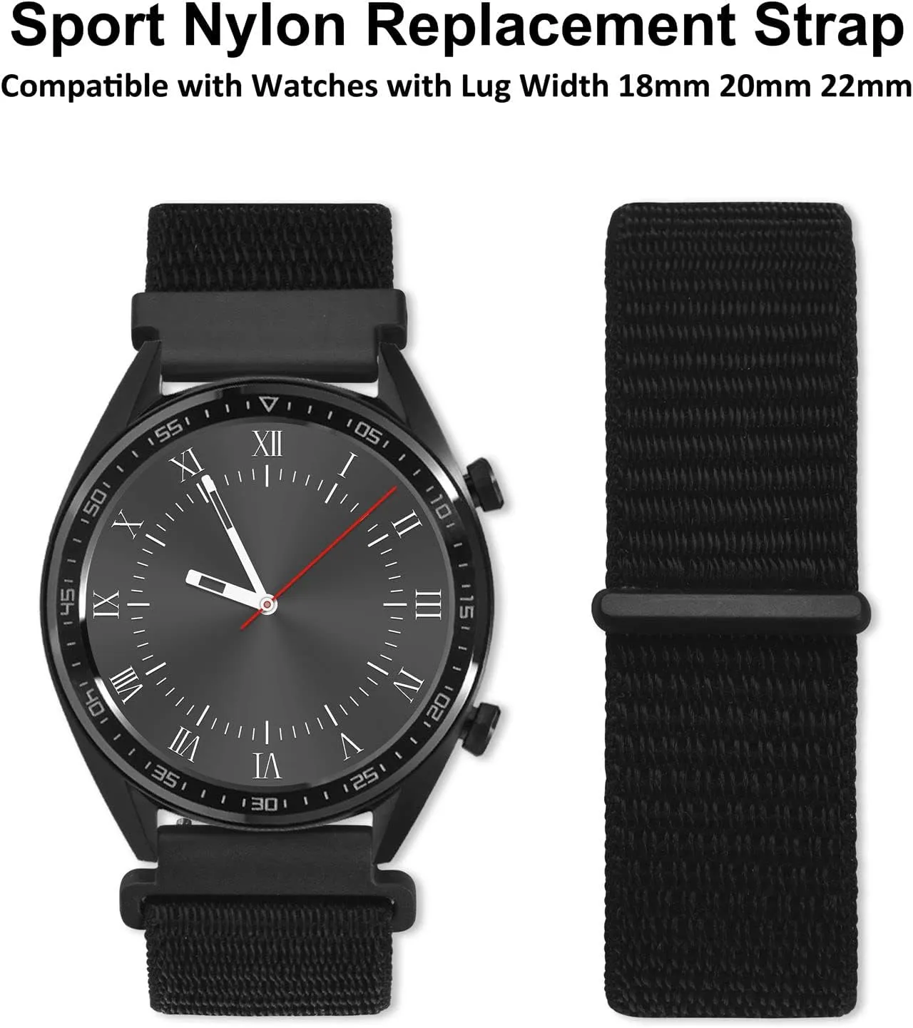 WOCCI 20mm Adjustable Nylon Watch Band, Quick Release Sport Loop Strap (Black)